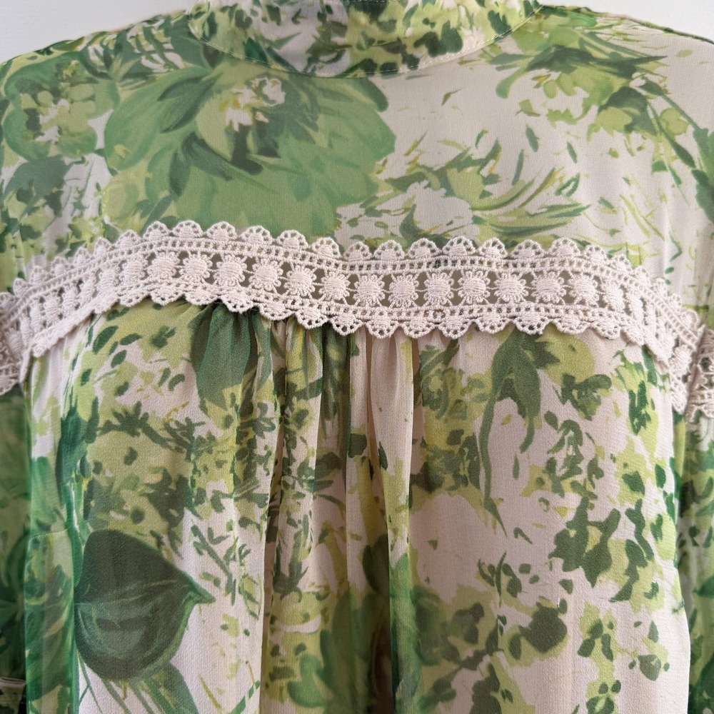 Hope For Flowers By Tracy Reese Angelina Peasant Blouse Womens 10 Green Silk - Picture 8 of 16